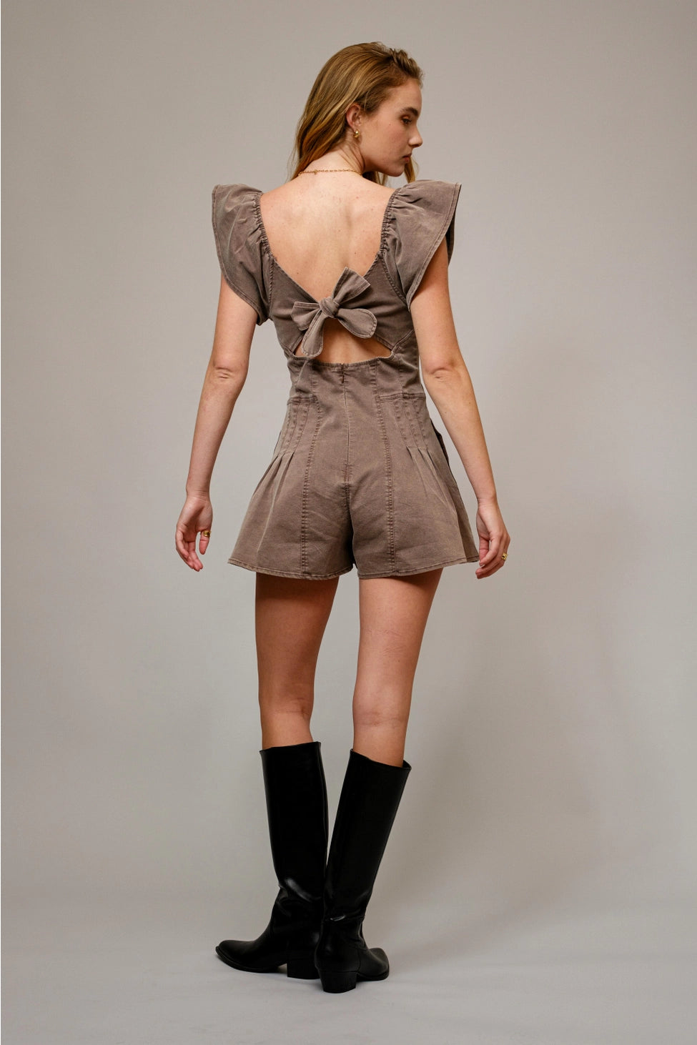 Sweetheart Ruffle Sleeve Denim Romper - Washed Brown